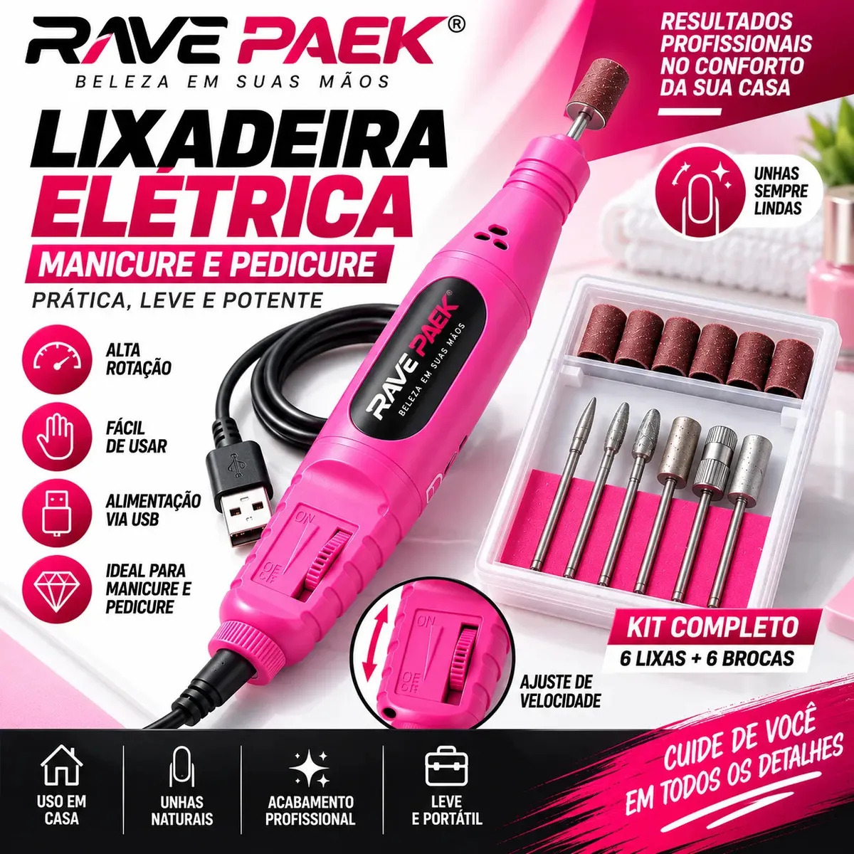 Lixa Elétrica Profissional Para Unhas Rosa Portátil Manicure Pedicure Motor Potente Para Unhas de Gel Acrílica Fibra Alongamento Polimento Broca Nail Drill