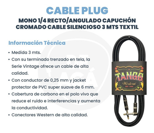 Cable Instrumentos Plug Western 3mts Recto Angulado Textil
