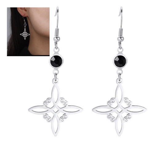 Aretes De Nudo De Bruja Con Cristal Negro Plateado