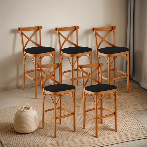 Kit 05 Banquetas Cozinha Sala Jantar Estof Ávila Suede Preto