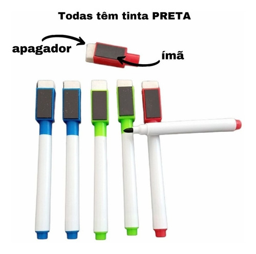 Imagem 2 de 6 de Kit 10 Canetas Pretas Com Ímã E Apagador Para Quadro Branco