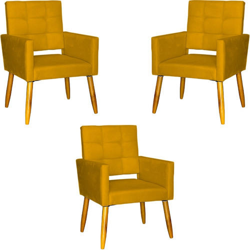 Kit 3 Poltronas Decorativas Cadeiras Vazada Isa Suede Cores Cor Mostarda Desenho do tecido SUEDE LISO