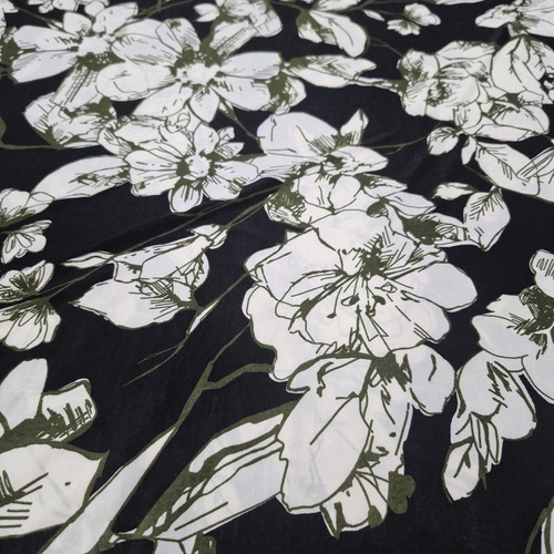 Tela Por Metro Seda Fría Estampada P/blusas/vestidos.. Negro Flores