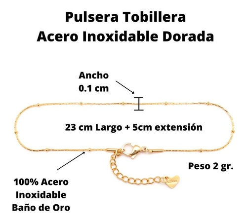 Imagen 2 de 8 de Pulsera Tobillera Mujer Acero Pie Bolitas Extra Fina Oro 10k