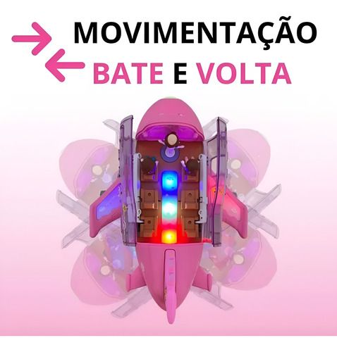 Avião Brinquedo Infantil Musical Bate Volta Gira 360 Luz Led Aeronave Abre Porta Roda Rosa