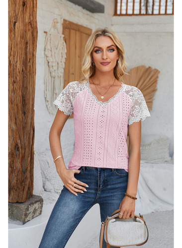 Camiseta Informal Con Cuello En V Y Panel Encaje Con Ojales