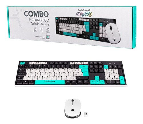 Combo Teclado Y Mouse Techzone Inalámbrico 1000dpi Blco/ment Mouse Blanco Teclado Menta / Negro