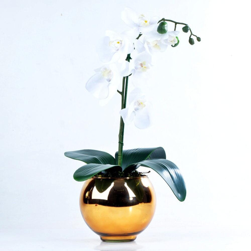 Arranjo De Orquídea Artificial Branca Em Aquário Dourado Tat
