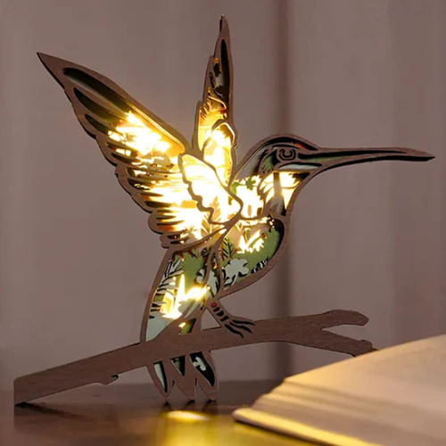 Colibri Tallado Madera Luz Nocturna Tallada 3d Decorativa