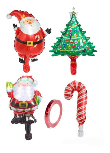 1 Globo Árbol De Navidad + 2 Papá Noel + Bastón De Caramelo