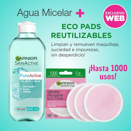 Imagen 2 de 2 de Agua Micelar Pure Active + Eco Pads Desmaquillante Garnier