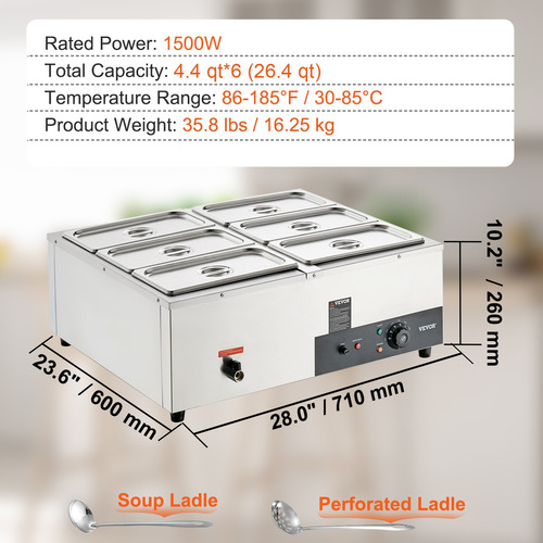 Bufetera Chafer Electrico Baño Maria Mesa Vapor 6 Insertos