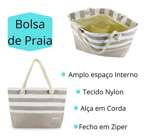 Imagem 4 de 6 de Bolsa De Praia Feminina Amplo Espaço Interno Com Listra Bege
