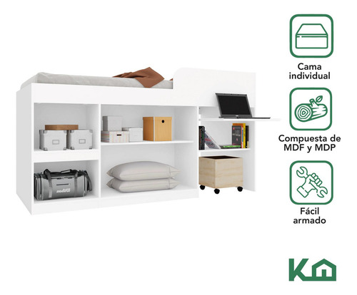 Cama Individual Escritorio Cajones Litera Base Kingshouse Color Blanco