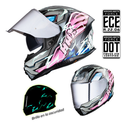 Hax. Casco Para Motociclista Dot + Ece 06. Force Thunder Color Violeta Claro Diseño Thunder - Glow In The Dark Tamaño Del Casco L-grande