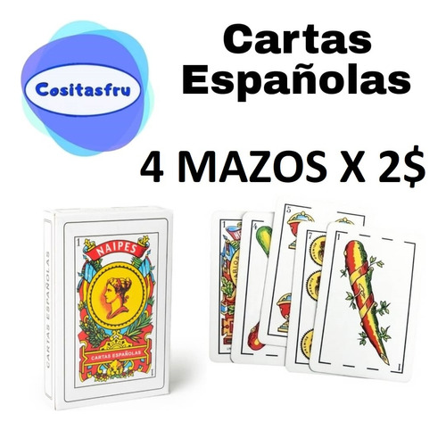 Cartas Barajas Naipes Españolas Tradicional Pack De 4 Mazos