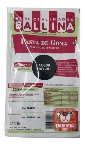 Pasta De Goma Color Negro 500gr Ballina Reposteria Belgrano