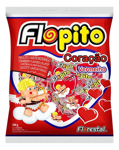 Pirulito Flopito Coração Morango Kit 2 Pacote 500g Florestal