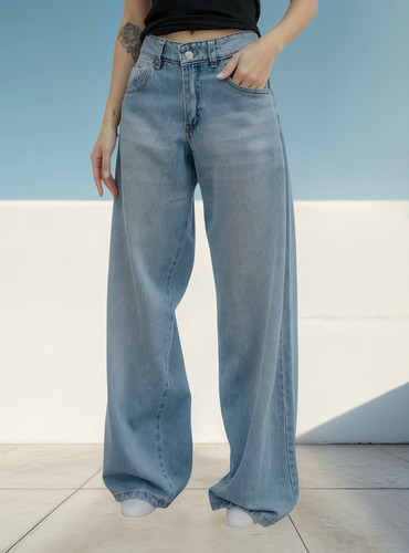 Pantalón Baggy De Jean Rígido Tiro Medio - Oriental
