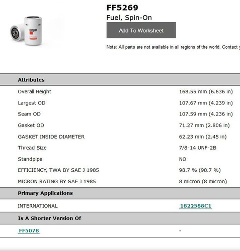 Ff5269 Ff 5269 Filtro Diesel P551318 Wk1161