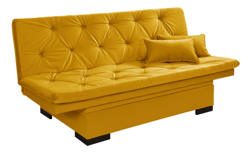 Sofá Cama Bau Reclinável Em Suede + Duas Banquetas Rub Cor Amarelo Desenho Do Tecido Liso