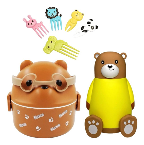 Kit Lancheira Infantil Urso Garrafa Marmita Garfinhos Kids