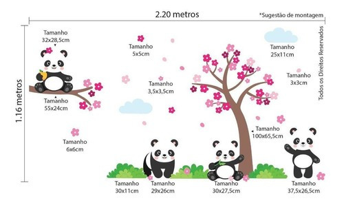 Adesivo De Parede Árvore De Cerejeira E Pandas Cor Outro