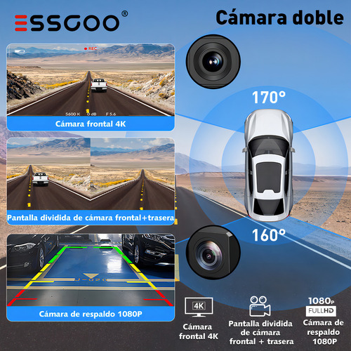 Estéreo portátil essgoo wifi 4K de 11.3 pulgadas 3 en 1 con dashcam y carplay