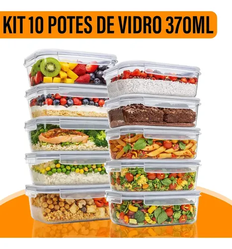 Kit 10 Potes Herméticos de Vidro Yab Borossilicato 370 ml Com