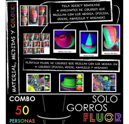 Combo Gorros Fluo 50 Personas Solo Gorro Cotillon Sombrero