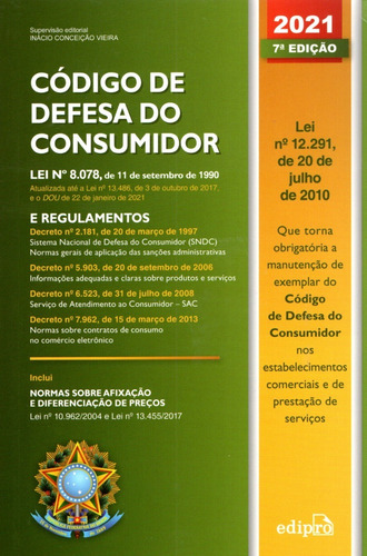 Livro Código De Defesa Do Consumidor 2021 Edipro + Placa