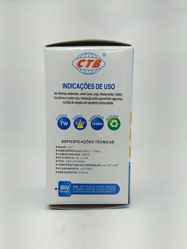 Lâmpada De Emergência - 7w - 6500k - Luz Branca Bivolt Ctb