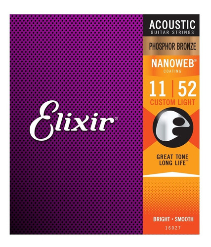 Imagem 1 de 8 de Encordoamento Elixir Violão Aço 011 Nanoweb Custom Light