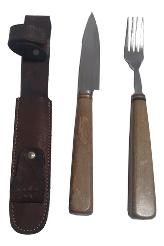 Set Cuchillo Tenedor Hoja 12cm Acero Inox Vaina Cuero