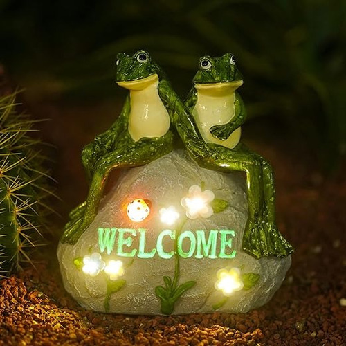 Nacome Estatua De Jardín Solar Con Suculentas Y 7 Luces Led, Color Ranas Verdes