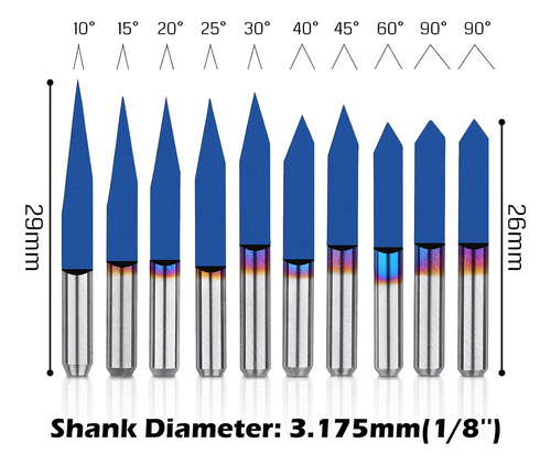 Kit De 10 Brocas Cnc Router Bits Con Ángulos De 10 A 90 Grad