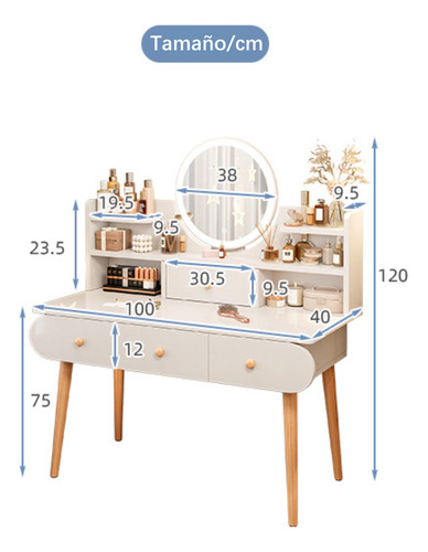 Tocador Madera 100*40*120cm Con Espejo Led Y 4 Cajones RK100CK Color Blanco
