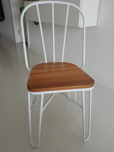 Silla Hierro Esmaltado Blanco Y Asiento Madera 