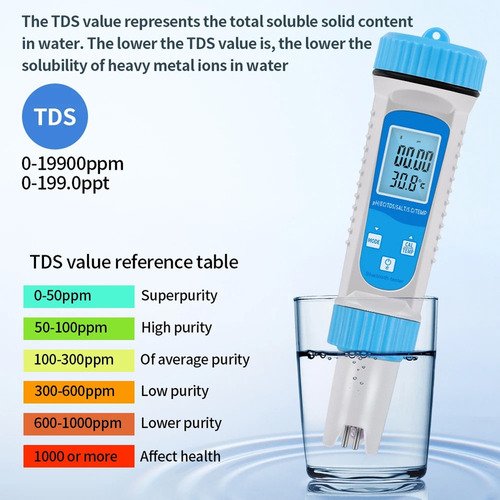 Medidor De Agua Digital Tds 6 En 1 Ec Tds Salt Sg Temper