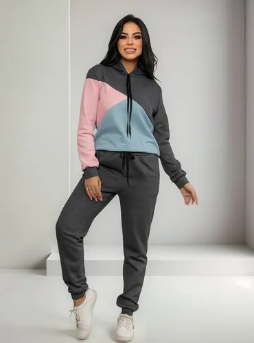 Conjunto Feminino De Moletom Flanelado Com Capuz E Cordão