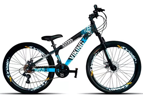 Mountain bike VikingX Tuff 25 aro 26 13.5" 21v freios de disco mecânico câmbios Shimano Tourney cor preto/azul-celeste/branco