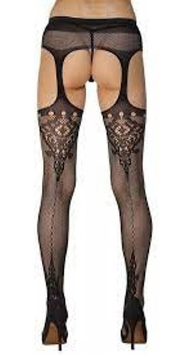 Imagen 5 de 9 de Medias Panty Red Negras Fantasía Con Portaligas Fen Bao