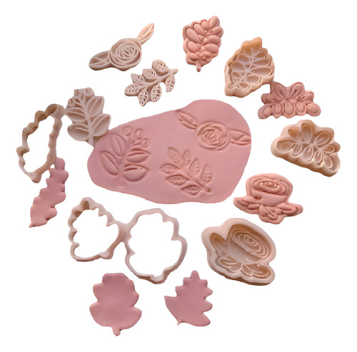 Set Cortantes Marcadores Flores Y Hojas Stamp Sello Cookie