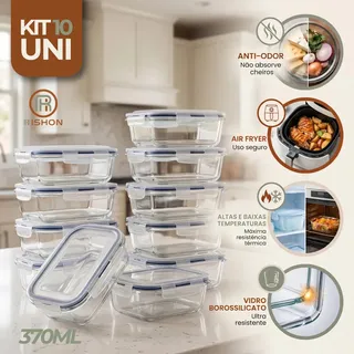 Kit 10 Pote De Vidro Marmita Hermetico 370ml Freezer Fitness Rishon