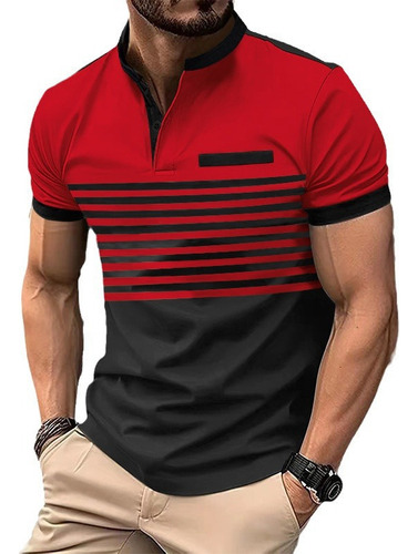 Camisa Casual De Manga Corta A Rayas Con Cuello En V Y Boton