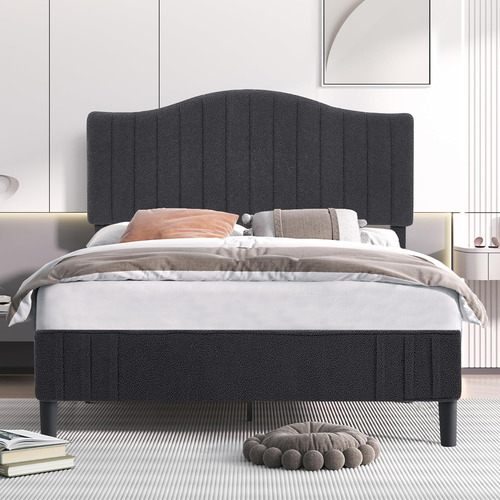 Base De Cama Queen Con Cabecera De Tela Ajustable Gris Oscur