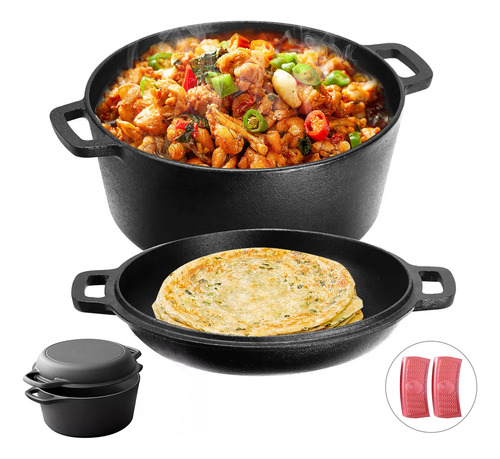 Hierro Fundido 2 En 1 Olla & Sartén Horno Holandés 26cm 4.7l Negro