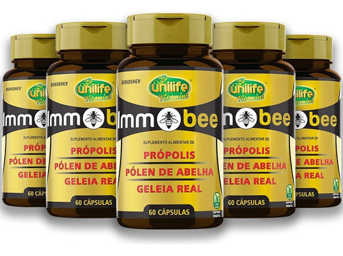 Kit 5 Immobee Própolis, Pólen E Geleia Real Unilife 60 Cáps. Sabor Sem Sabor