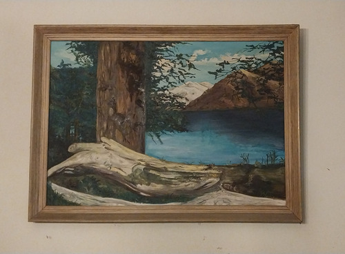 Pintura Al Oleo, A Mano /lago Nahuel Huapi Cuadro Dorado Oscuro (Usado)
