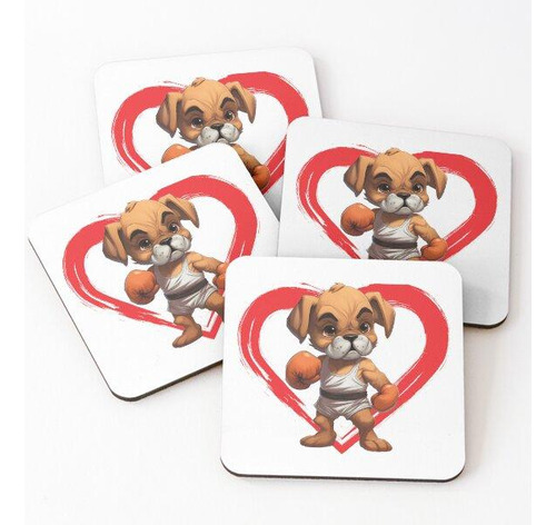 Set Posavasos Perro Boxer Dibujos Animados Enamorados Corazó